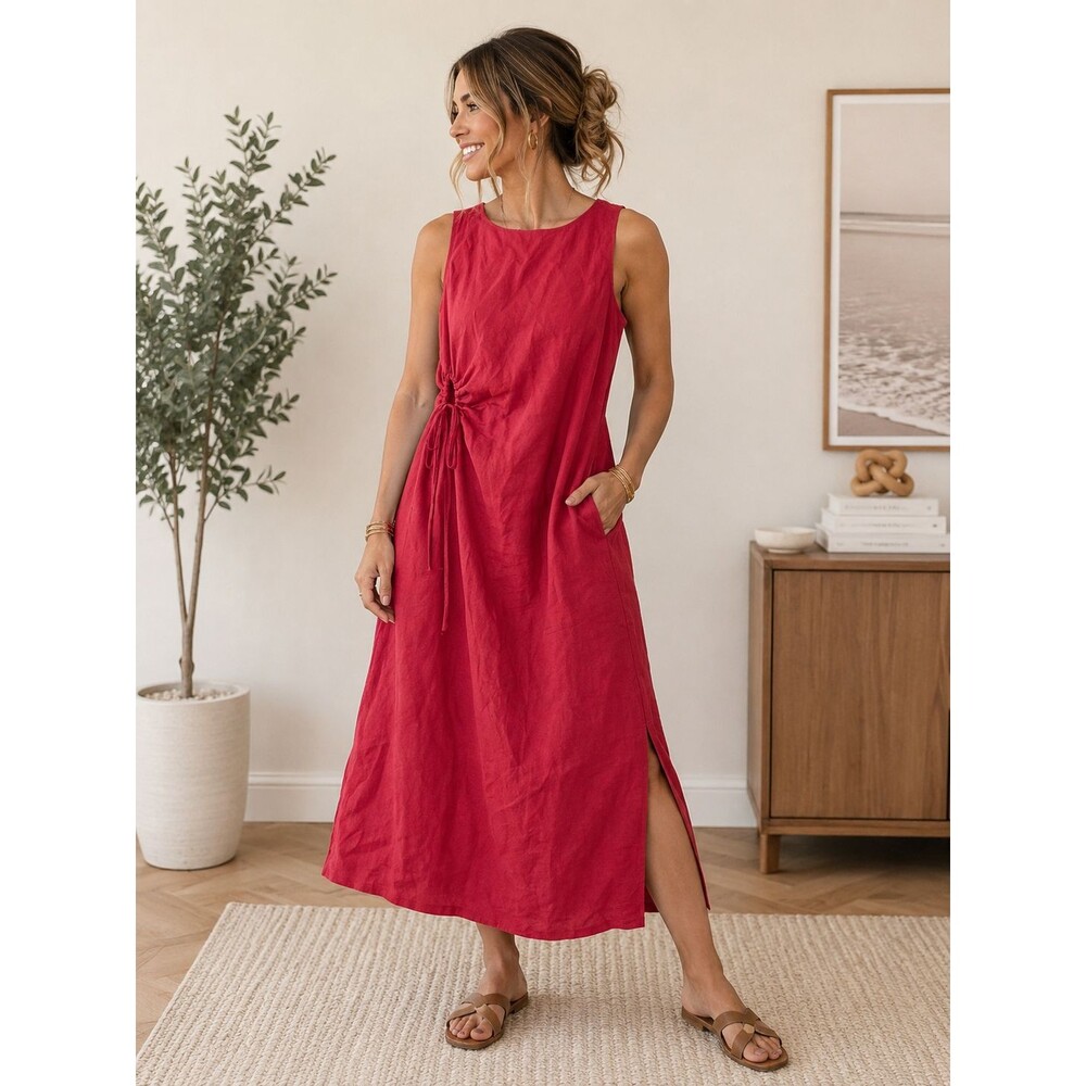 Magaschoni 100% Linen Burgundy Maxi Dress Size 8